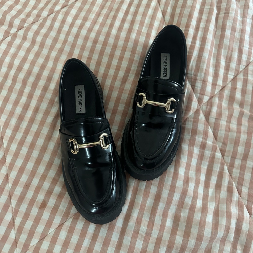 Steve Madden Glossy Black Loafers with Metallic Accent